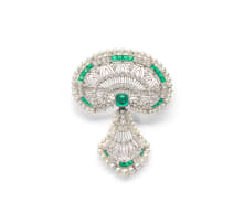 Platinum, pearl diamond and emerald brooch