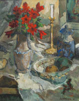 Eben van der Merwe; Still Life with Vase of Red Flowers, Bowl of Fruit and Candlestick