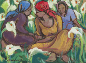 Hennie Niemann Snr; Three Women in a Field of Arum Lilies