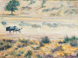 Zakkie Eloff; Wildebeest Running in a Grassy Landscape