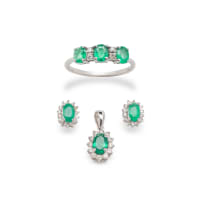 14k white gold emerald and diamond ring, earrings and pendant