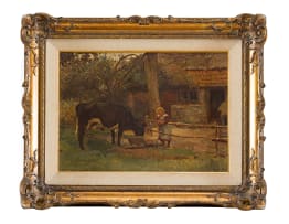 Frans Oerder; Farmyard Scene (Girl and Dairy Cow)