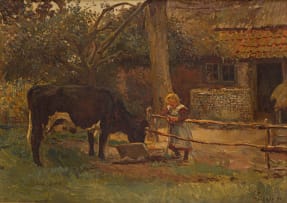 Frans Oerder; Farmyard Scene (Girl and Dairy Cow)