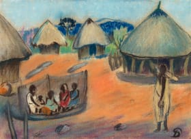 Pranas Domsaitis; Huts and Figures in a Landscape
