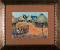 Pranas Domsaitis; Huts and Figures in a Landscape