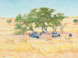 Zakkie Eloff; Landscape with Wildebeest and Impala