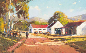 Adriaan Boshoff; Farmhouses along a Roadway with Cattle