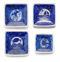 Anton Bosch; Square plates with bird, boat and fish motif, four