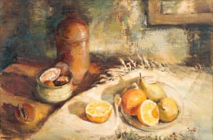 Ruth Squibb; Still Life with Vase and Fruit