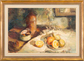 Ruth Squibb; Still Life with Vase and Fruit