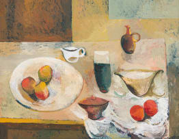 Cecil Skotnes; Still Life with Vessels and Fruit on a Table