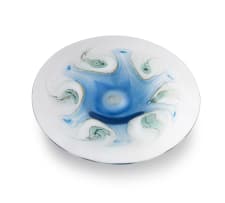 Shirley Cloete; Blue blown glass dish with green and white abstract motifs