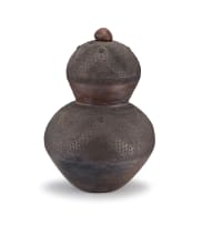 Buzephi Magwaza; Pit-fired earthenware double gourd pot with a stopper