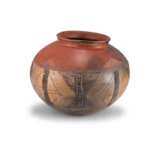 Clive Sithole; Smoke- and kiln-fired red ochre and earthenware pot with relief and incised geometric patterns