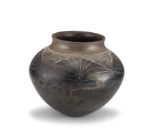 Michelle Legg; Burnished stoneware pot with incised geometric patterns