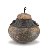 Naomi Klingenberg; Pear-shaped ceramic pot with relief and incised neck band embellished with beads