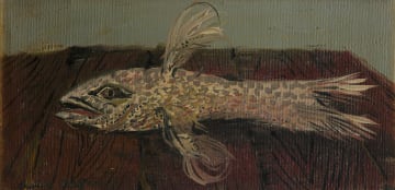 Christo Coetzee; Pink and Grey Fish Still Life No 14; Monster Fish, Still Life on a Wooden Table No 15, two