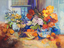 Margaret Gradwell; Still Life with Flowers and Fruit