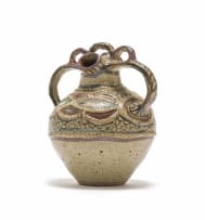 Lephina Molefe; Double-spouted vessel with decorative handle and relief decoration