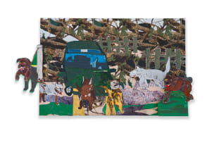 Katharien de Villiers; Scene with Car, Dogs, Fence and Tree