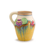 Clarice Cliff; Bizarre lotus jug with 'Pansies' pattern