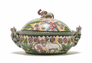 Ardmore Ceramic Studio; Casserole dish with elephants and floral motif