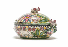 Ardmore Ceramic Studio; Casserole dish with elephants and floral motif