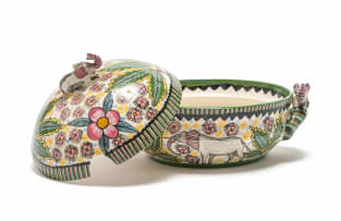 Ardmore Ceramic Studio; Casserole dish with elephants and floral motif