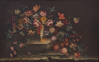 Italian School, 19th Century; Flowers Cascading over a Stone Pedestal, two