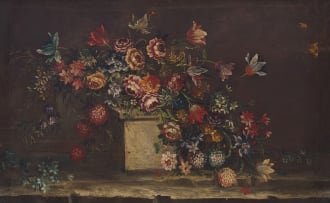 Italian School, 19th Century; Flowers Cascading over a Stone Pedestal, two