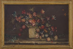 Italian School, 19th Century; Flowers Cascading over a Stone Pedestal, two