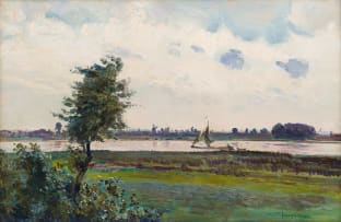 Frans Oerder; River Landscape with Tree and Boat, Netherlands