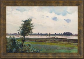 Frans Oerder; River Landscape with Tree and Boat, Netherlands