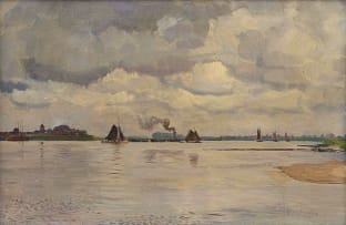 Frans Oerder; River Scene with Boats , Netherlands