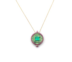 18k yellow gold emerald, tsavorite and ruby pendant