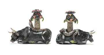 Ardmore Ceramic Studio; Bull, cobra and floral candlesticks, two