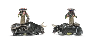 Ardmore Ceramic Studio; Bull, cobra and floral candlesticks, two