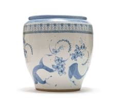 David Schlapobersky and Felicity Potter; Large blue and white planter with a floral motif