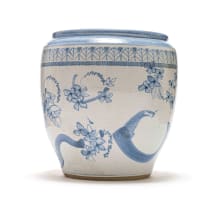 David Schlapobersky and Felicity Potter; Large blue and white planter with a floral motif