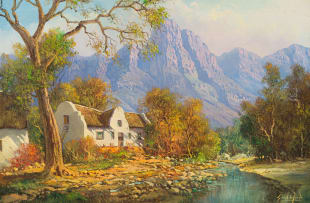 Gabriel de Jongh; Landscape with Farmhouse and Mountains