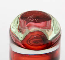 David Reade clear glass scent bottle blown with a red swirl