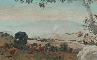 Erich Mayer; Landscape with Mountains and Cattle