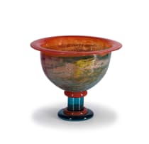 Kjell Engman 'Cancan' multicoloured glass vase on a red and blue pedestal for Kosta Boda