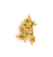 18k yellow gold emerald and diamond brooch