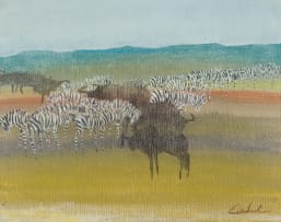 Gordon Vorster; Landscape with Wildebeest and Zebra