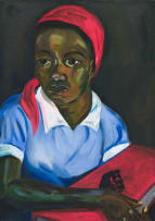 Themba Shibase; Young Woman with Red Doek and the Big Red Book