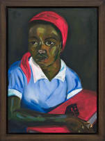 Themba Shibase; Young Woman with Red Doek and the Big Red Book