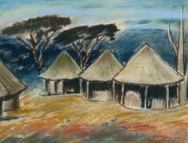 Pranas Domsaitis; Four Huts in a Landscape