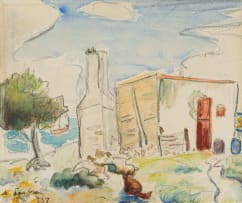 Maggie Laubser; Fisherman's House with Cat in a Landscape (Die Kat by die See)