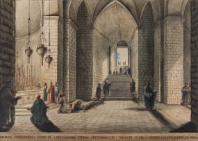 Luigi Mayer; Chiesa sotterranea fuori di Gerusalemme vicino Getzemani con i sepolcri di M, V; S. Giuseppe, E, SS, Giovachino, ed Anna (Underground Church Outside Jerusalem Near Gethsemane with the Tombs of M, V; S. Giuseppe, E, SS, Giovachino, and Anna)